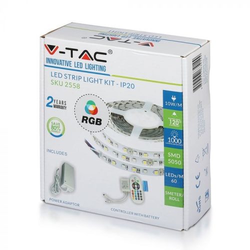 V-TAC LED SZALAG SZETT RGB 5050 60LED/m 12V IP20 - 5m - 2558