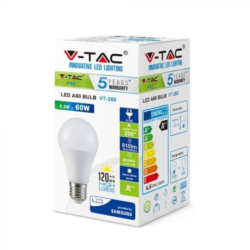 V-TAC LED izzó  E27 A60 6.5W 120lm/W 200° 6400K gömb (Samsung Chip) - 257