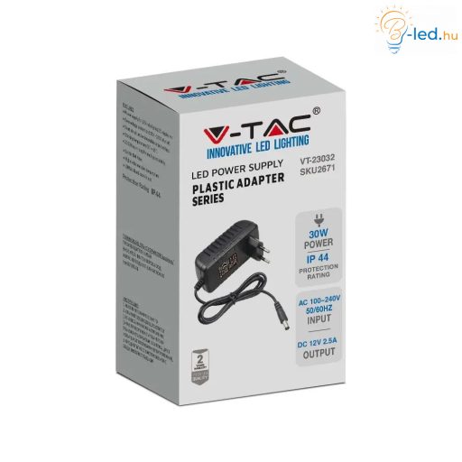 V-TAC LED Műanyagházas dugvillás tápegység 30W 2.5A 12V IP44 - 2671 