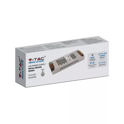 V-TAC LED Fémházas szerelhető tápegység 60W 5A 12V IP20 - 2682