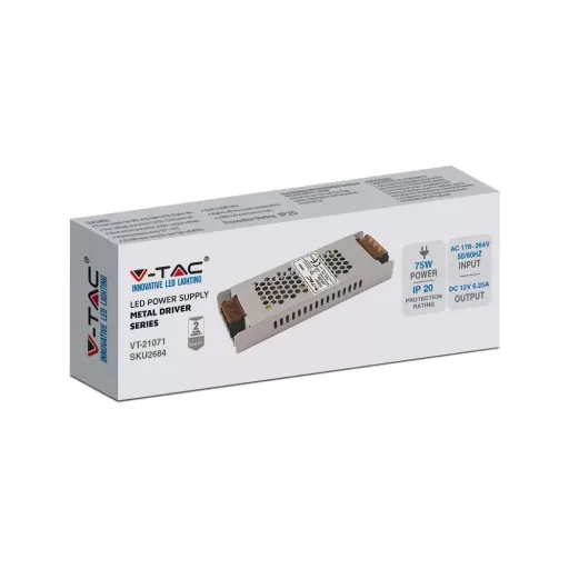 V-TAC LED FÉMHÁZAS SZERELHETŐ TÁPEGYSÉG 75W 6.25A 12V IP20 - 2684