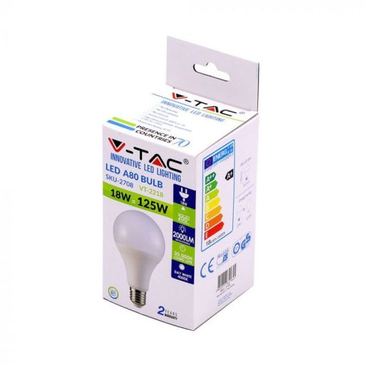 V-TAC LED izzó  E27 A80 18W 200° 3000K nagygömb - 2707