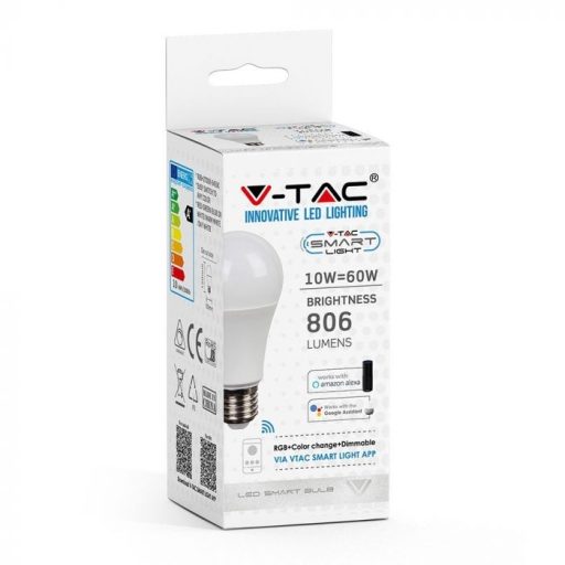 V-TAC Wifis smart LED izzó  E27 A60 10W 200° RGB + 3 az 1-ben (CCT) gömb - 2751