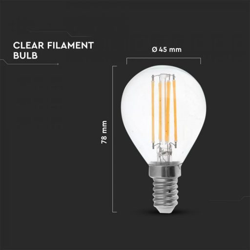 V-TAC Átlátszó LED izzó filament COG  E14 P45 6W 2700K kisgömb - 2845