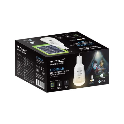 V-TAC LED izzó hordozható, tölthető napelemes ( SOLAR ) E27 , 3 az 1-ben 7W 120° gömb - 2857