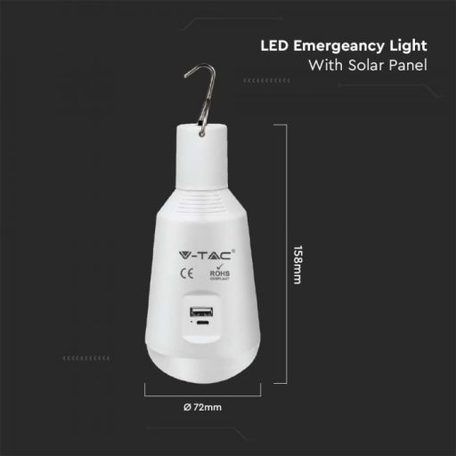 V-TAC LED izzó hordozható, tölthető napelemes ( SOLAR ) E27 , 3 az 1-ben 7W 120° gömb - 2857