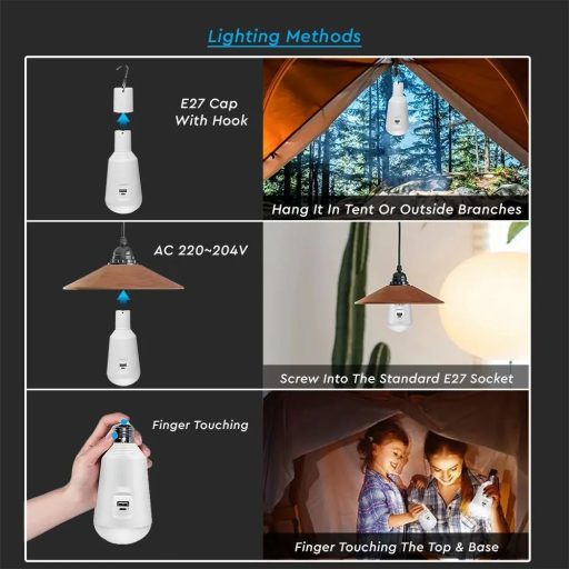 V-TAC LED izzó hordozható, tölthető napelemes ( SOLAR ) E27 , 3 az 1-ben 7W 120° gömb - 2857
