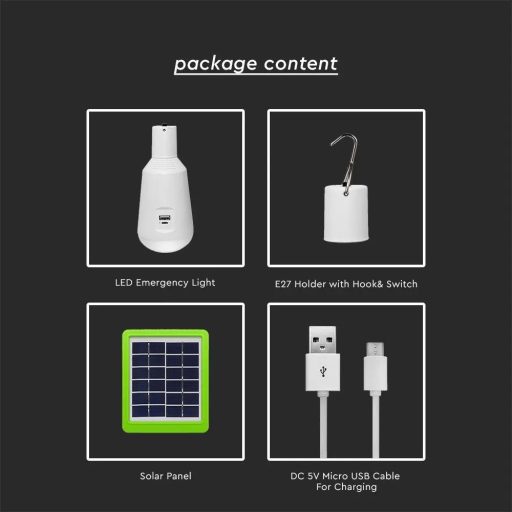 V-TAC LED izzó hordozható, tölthető napelemes ( SOLAR ) E27 , 3 az 1-ben 7W 120° gömb - 2857