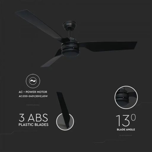 V-TAC 65W LED Mennyezeti ventilátor RF vezérléssel 3db lapáttal fekete- 2868