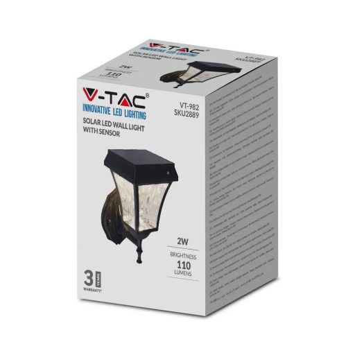 V-TAC LED Napelemes (Solar) fali lámpa 2W - CCT - fekete - 2889