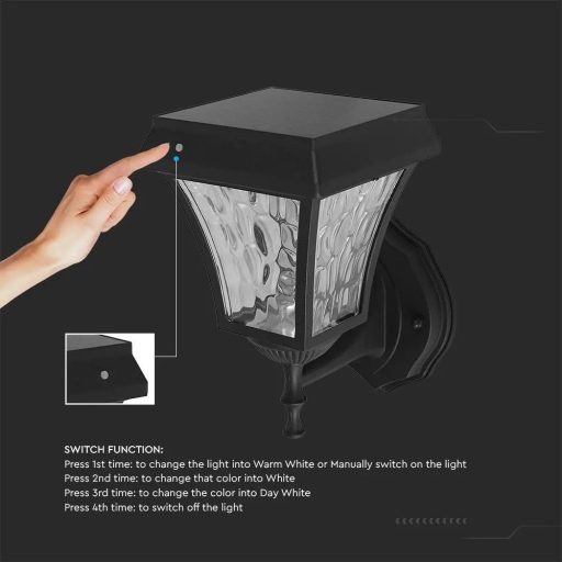 V-TAC LED Napelemes (Solar) fali lámpa 2W - CCT - fekete - 2889