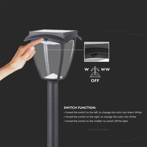 V-TAC LED Napelemes (Solar) álló lámpa 2W - 3000K + 6400K - fekete - 2894