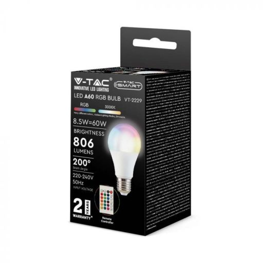 V-TAC LED izzó  E27 A60 8.5W 200° RGB + 4000K - 24 gombos távirányítóval - 2928