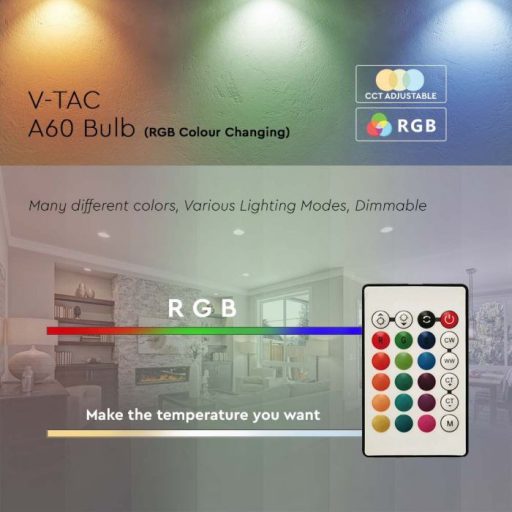 V-TAC LED izzó  E27 A60 8.5W 200° RGB + 4000K - 24 gombos távirányítóval - 2928