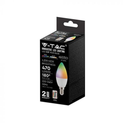 V-TAC LED izzó  infra távirányítóval E14 C37 4.8W 180° RGB + 4000K gyertya - 2929