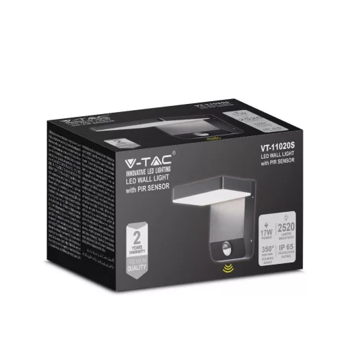 V-TAC 17W LED kültéri lámpa mozgásérzékelővel IP65 fekete színű 3000K - 2948