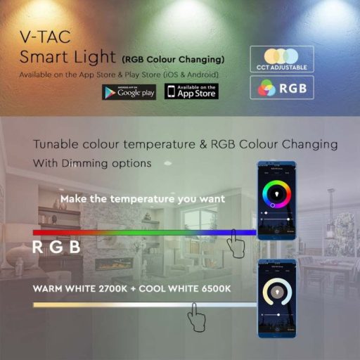 V-TAC Wifis smart LED izzó  E27 A60 8.5W 200° RGB + 3 az 1-ben (CCT) gömb - 2998