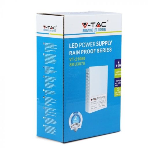 V-TAC LED Fémházas szerelhető esőálló tápegység 60W 14A 12V IP44 - 3070