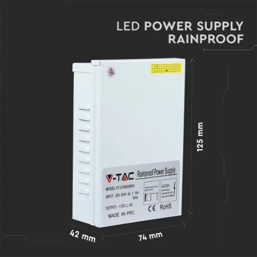 V-TAC LED Fémházas szerelhető esőálló tápegység 60W 14A 12V IP44 - 3070