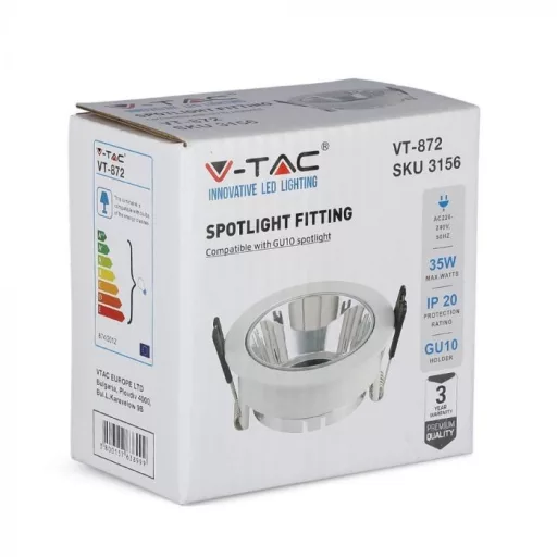V-TAC GU10 Spot foglalat, kerek, fehér-króm - 3156