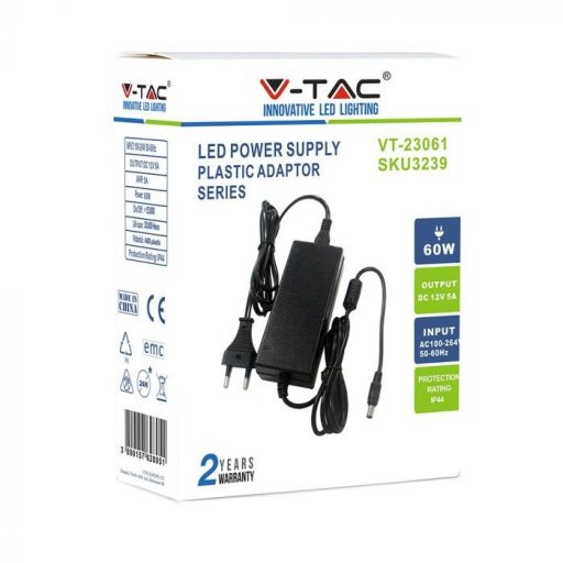 V-TAC LED Műanyagházas dugvillás tápegység 60W 5A 12V IP44 - 3239