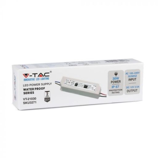 V-TAC LED Műanyagházas szerelhető vízálló tápegység 30W 2.5A 12V IP67 - 3271