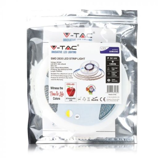V-TAC LED szalag SMD2835 240LED/M SAMSUNG CHIP 18W/M 24V CRI>95 IP20 6400K - 333