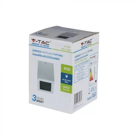 V-TAC Led GU10 Spot Felületre szerelhető keret Szögletes Fehér - 3630