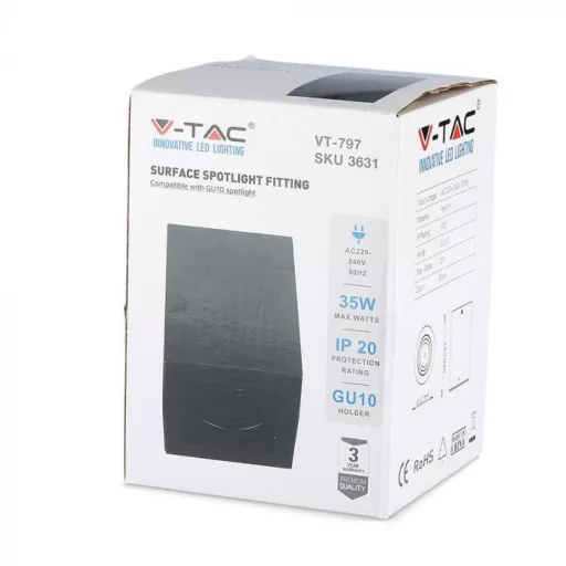 V-TAC Led GU10 Spot Felületre szerelhető keret Szögletes Fekete - 3631