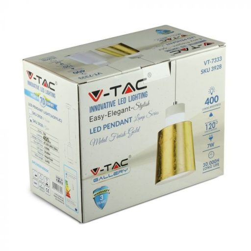 V-TAC Led Acrylic függeszték 7W - arany - 3000K - 3934