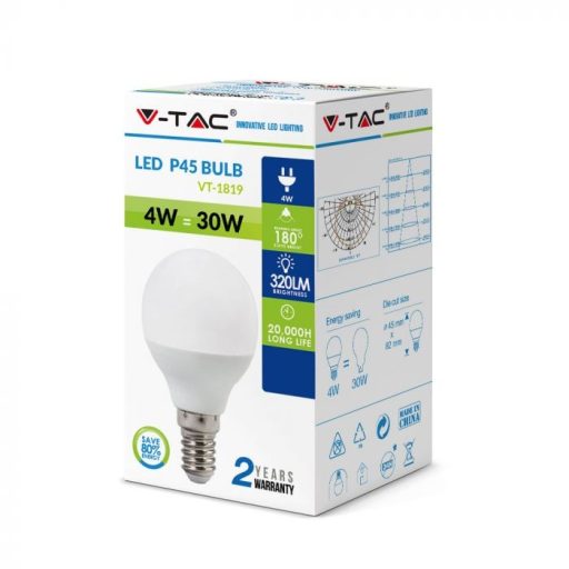 V-TAC LED izzó  E14 P45 4W 180° 6400K kisgömb - 4124