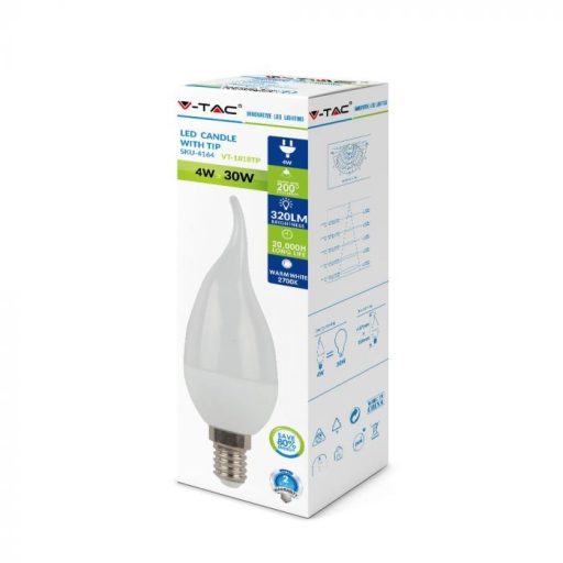 V-TAC LED izzó  E14 C37 4W 200° 4000K gyertyaláng - 4156