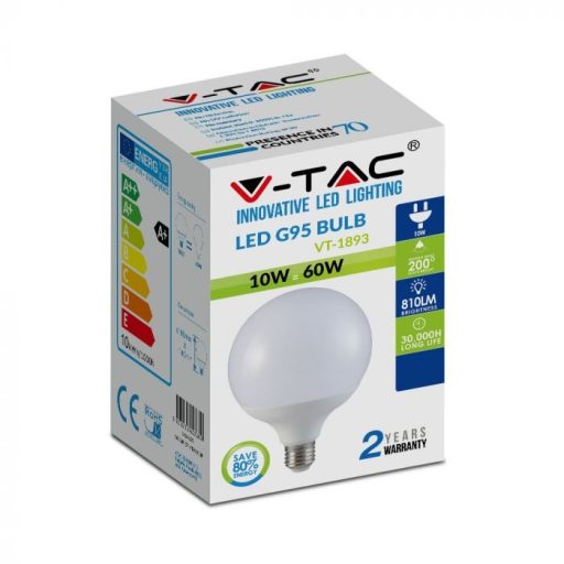 V-TAC LED izzó  E27 G95 10W 200° 6400K nagygömb - 4278
