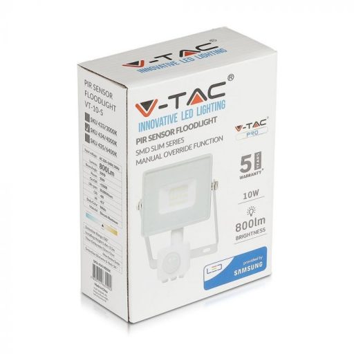 V-TAC 10W Mozgásérzékelős LED reflektor 100° 4000K fehér házas (Samsung Chip) - 434