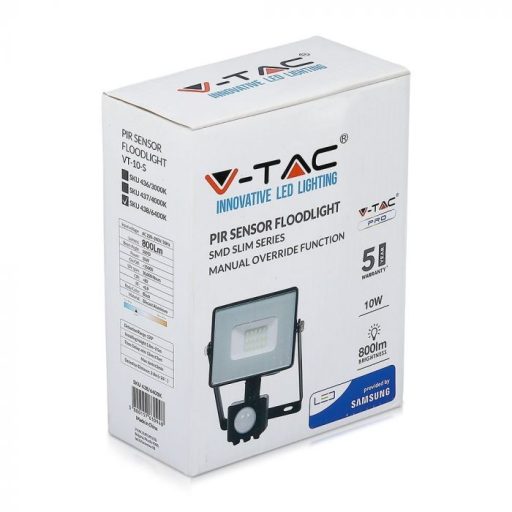 V-TAC 10W Mozgásérzékelős LED reflektor 100° 3000K fekete házas (Samsung Chip) - 436