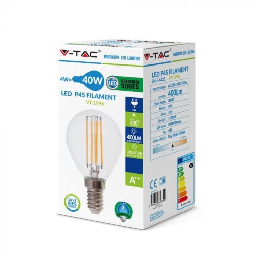 V-TAC Átlátszó LED izzó filament COG  E14 P45 4W 4000K kisgömb - 4425