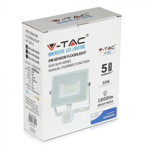 V-TAC 20W Mozgásérzékelős LED reflektor 100° 4000K fehér házas (Samsung Chip) - 449