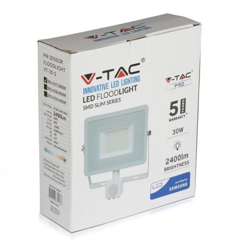 V-TAC 30W Mozgásérzékelős LED reflektor 100° 3000K fehér házas (Samsung Chip) - 457