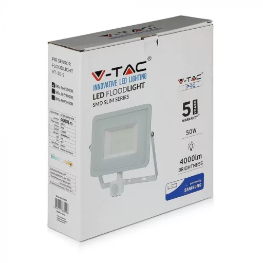 V-TAC 50W Mozgásérzékelős LED reflektor 100° 3000K fehér házas (Samsung Chip) - 466