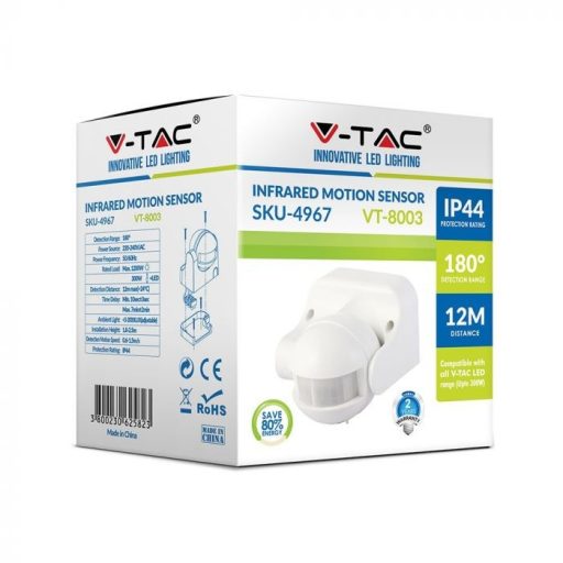 V-TAC infravörös mozgásérzékelő fehér 180° - 4967