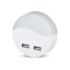 V-TAC LED éjszakai fény alkonykapcsolóval, USB aljzattal 0.4W 120° 4000K kör (Samsung Chip) - 506