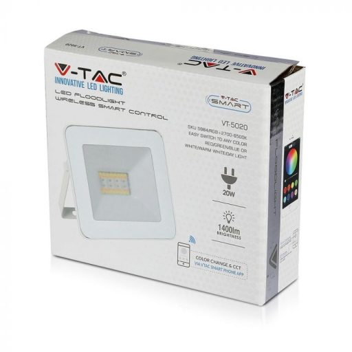 V-TAC 20W Smart LED RGB + 3 az 1-ben reflektor 100° fehér házas (CCT) - 5984