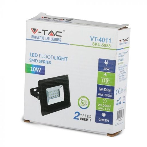 V-TAC 10W LED reflektor E-széria 110° zöld fényű, fekete házas - 5988