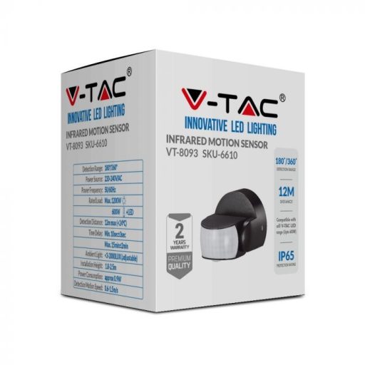 V-TAC infravörös mozgásérzékelő 180°/360° IP65 - fekete  - 6610