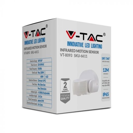 V-TAC infravörös mozgásérzékelő 180°/360° IP65 - fehér  - 6611