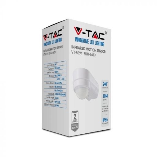 V-TAC infravörös mozgásérzékelő sarok kialakítással 240° IP65 - fehér - 6613