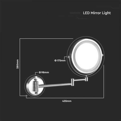 V-TAC LED Tükör 3x nagyítás - 4xAA elem - 3W 6400K - KRÓM -  6628