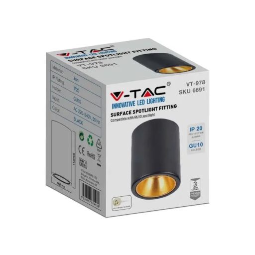 V-TAC Led GU10 Falon kívüli keret kör forma - fekete - 6691