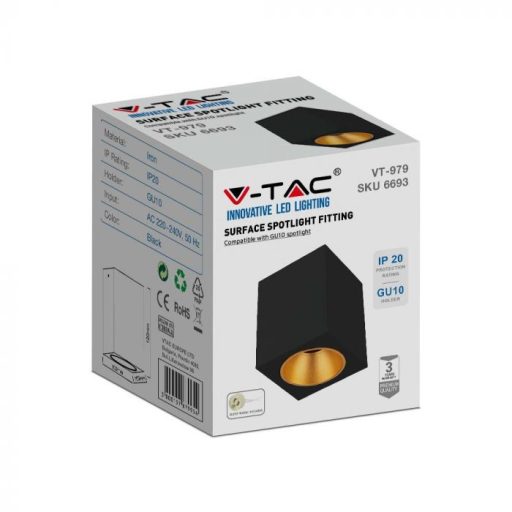V-TAC Led GU10 Falon kívüli keret négyzet forma - fekete - 6693