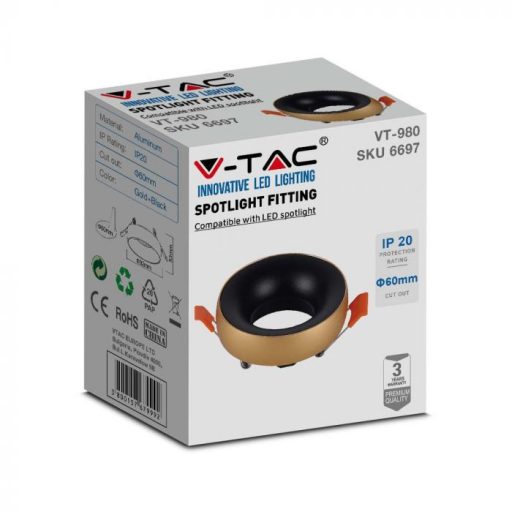 V-TAC LED GU10 Falon kívüli keret kör forma - Arany / Fekete - 6697